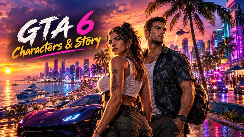 Lucia and Jason back-to-back in neon Vice City at sunset — GTA 6 characters and story