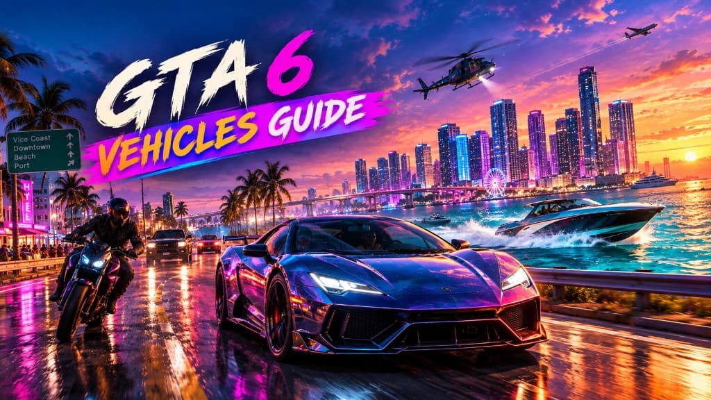 Supercar, sportbike, and boats on a neon Vice City coastal road — GTA 6 vehicles guide