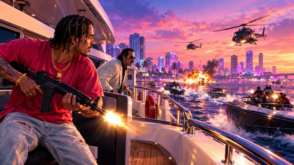 GTA Vice City All Hands-on Deck mission with Tommy protecting Colonel Cortez's yacht from attacking boats and helicopters