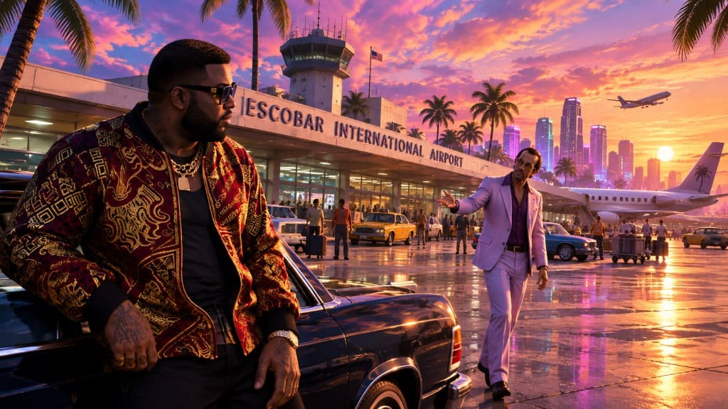 Tommy Vercetti at Escobar International Airport at sunset — An Old Friend opening mission
