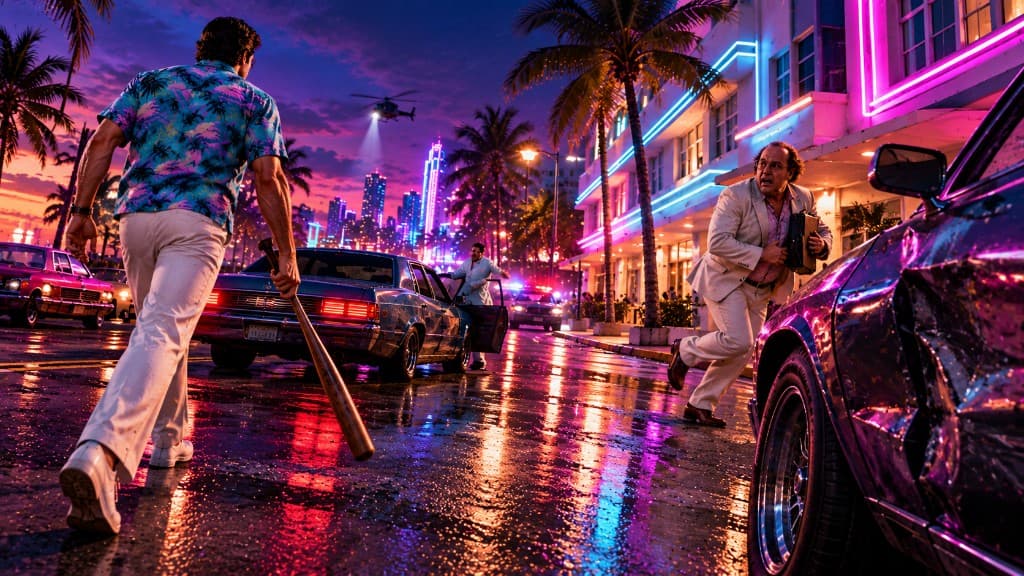Tommy Vercetti with a baseball bat intimidating a juror on a neon Vice City street — Jury Fury mission