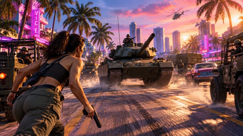 Rhino tank leading a military convoy through neon Vice City — Sir, Yes Sir! mission