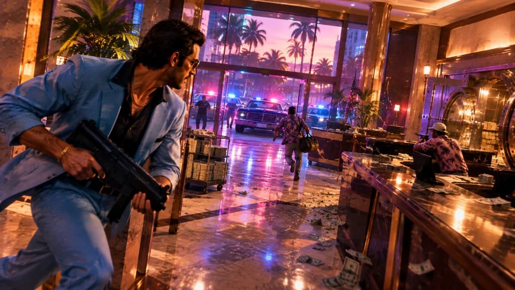 Tommy Vercetti and crew during a bank heist shootout at El Banco Corrupto Grande — The Job mission