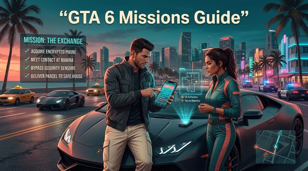 Jason and Lucia planning a mission beside a sports car in neon Vice City — GTA 6 missions guide