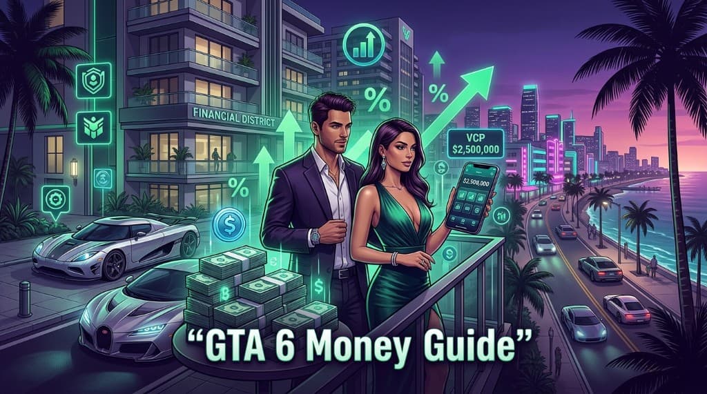 Jason and Lucia on a Vice City balcony with cash and wealth UI — GTA 6 money guide
