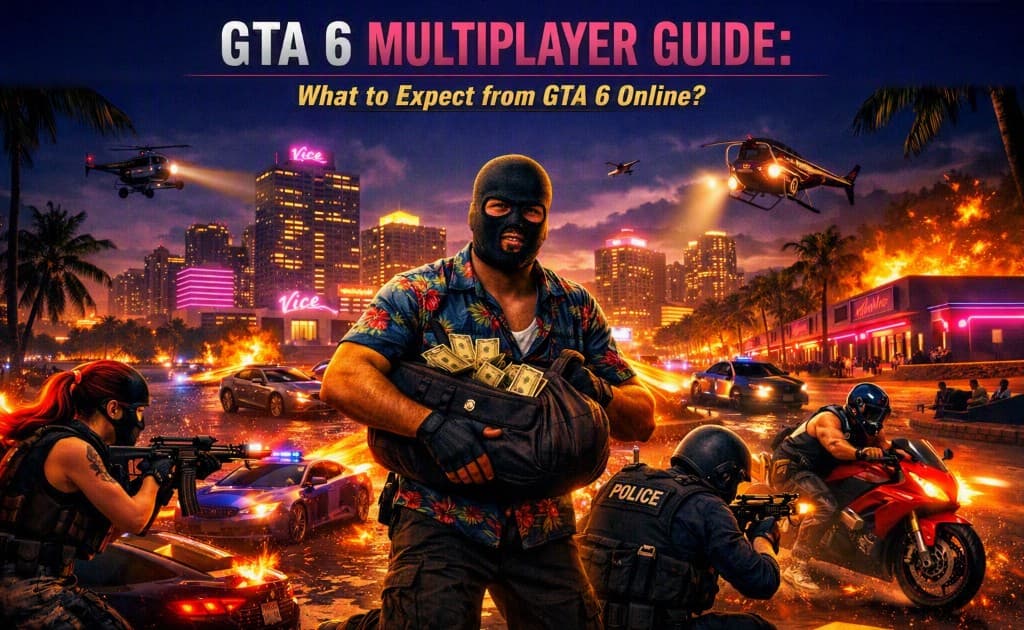 Heist chaos in neon Vice City with cash bags, police, and sports cars — GTA 6 multiplayer guide