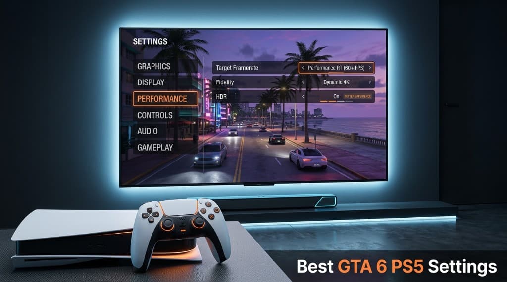 PlayStation 5 and DualSense with GTA 6 performance settings on TV — best PS5 settings guide