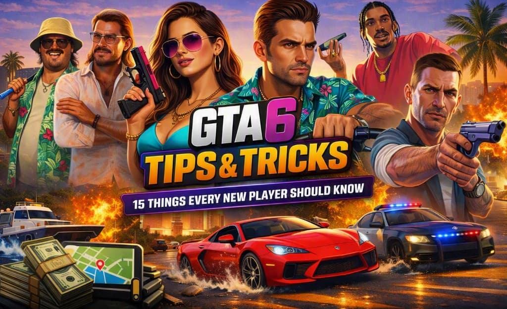 Jason, Lucia, and crew in neon Vice City with chase action — GTA 6 tips and tricks