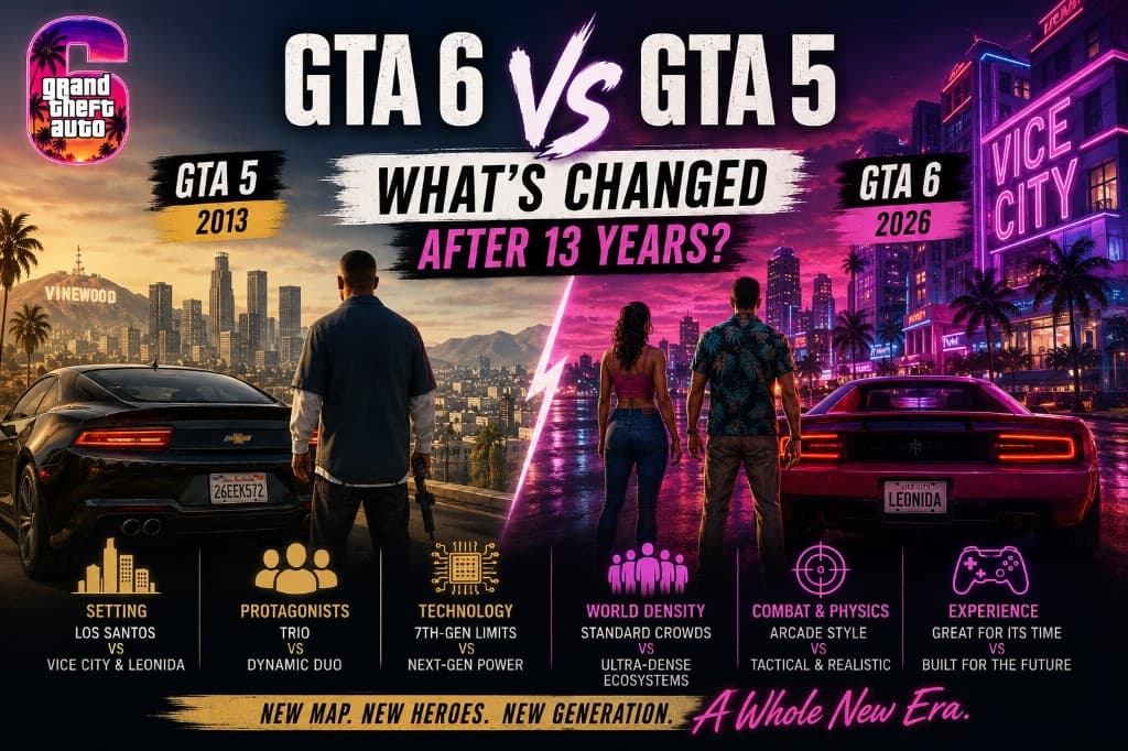 GTA 6 vs GTA 5 comparison — Los Santos 2013 beside Vice City and Leonida 2026