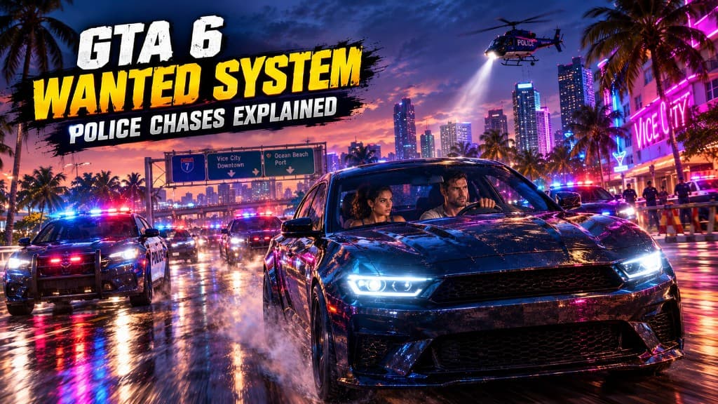 Lucia and Jason fleeing police cars and a helicopter on a neon Vice City highway — GTA 6 wanted system