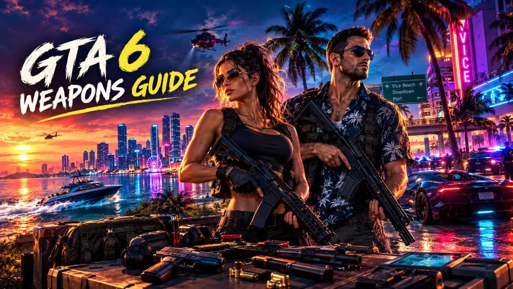 Jason and Lucia with rifles and tactical gear in neon Vice City — GTA 6 weapons guide