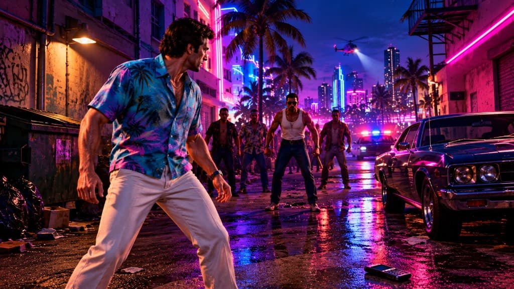 Tommy Vercetti facing the chef and associates in a neon Vice City alley — Back Alley Brawl mission