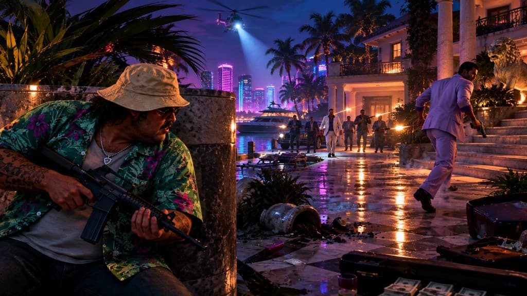 Tommy Vercetti defending the Vercetti Estate during the final shootout — Keep Your Friends Close... mission