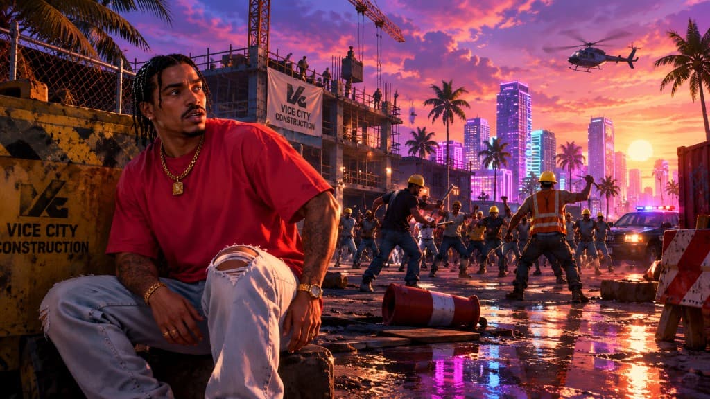 Riot at a Vice City Construction site with workers fighting at sunset — Riot mission