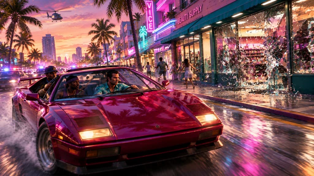 Tommy Vercetti speeding past a shattered beauty supply storefront in neon Vice City — Shakedown mission
