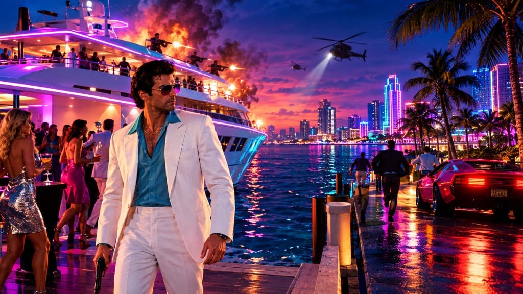 Tommy Vercetti in a white suit at Cortez's yacht during a neon Vice City shootout — The Party mission