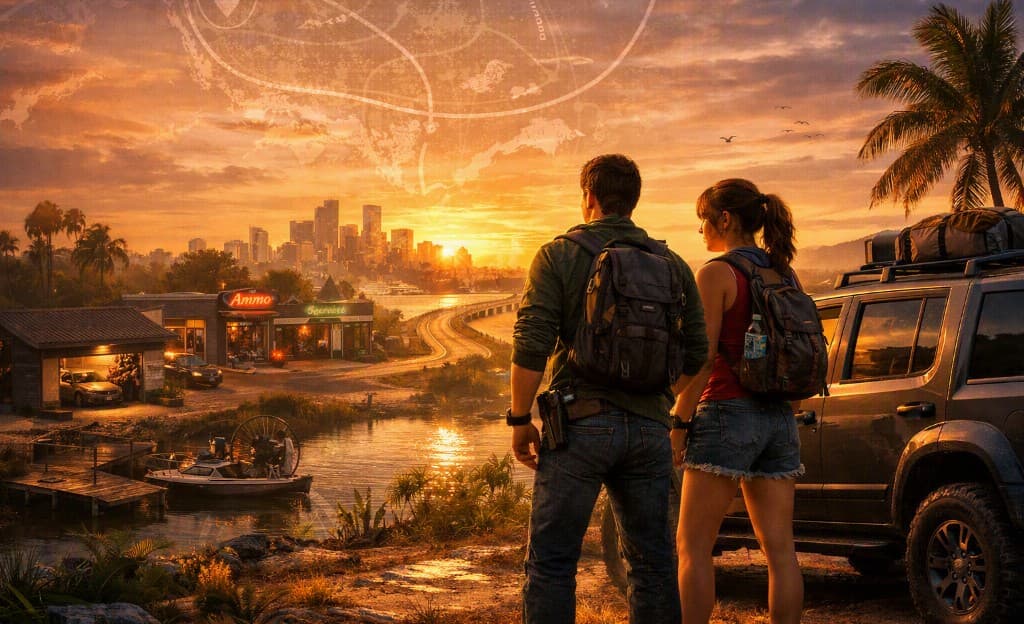 Jason and Lucia overlooking neon Vice City at sunset from a Leonida overlook