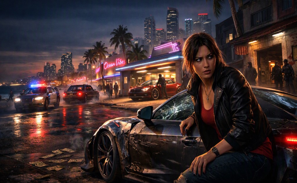 Lucia beside a damaged sports car in neon Vice City after a police chase