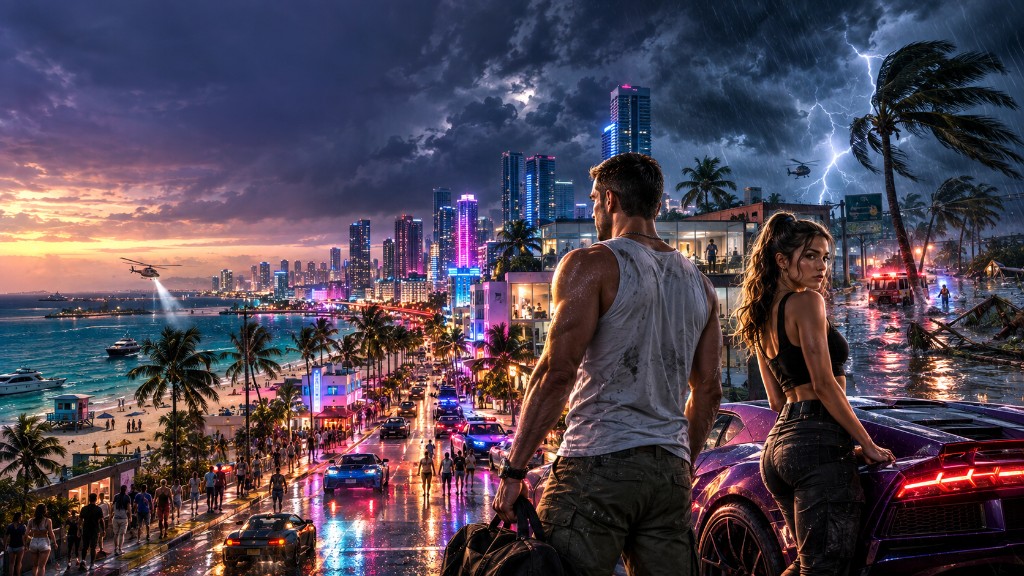 Jason and Lucia in Vice City — calm neon sunset beside a hurricane storm skyline