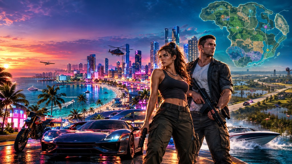 Jason and Lucia in Leonida — GTA 6 map, Vice City skyline, countryside, and travel modes