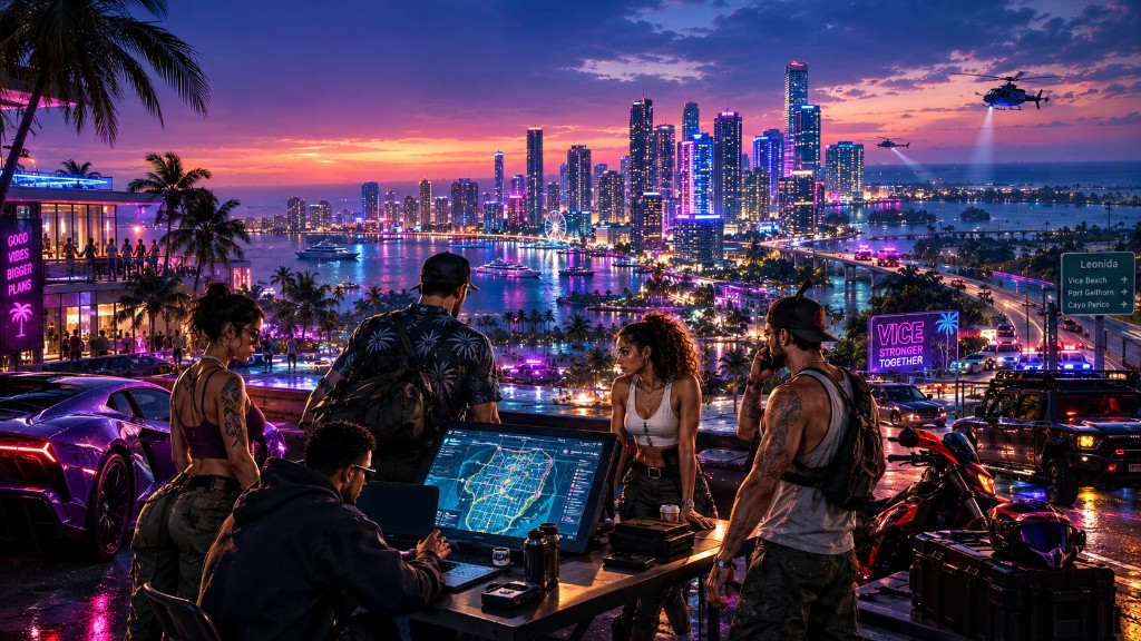 Crew planning heists over a neon Vice City skyline — GTA 6 Online preparation guide