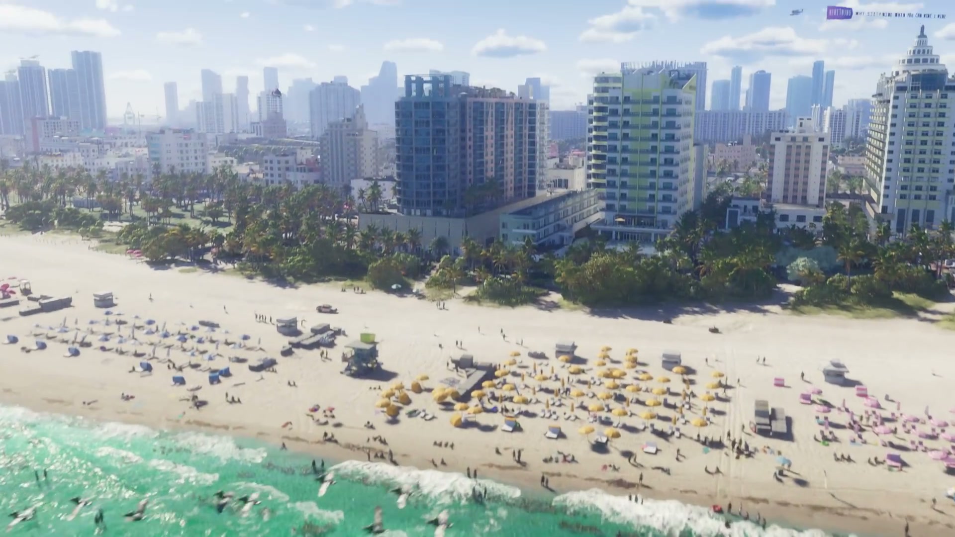 Aerial view of a crowded Vice City beach