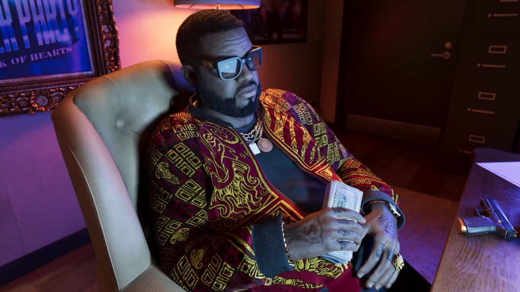 Boobie Ike counting cash in a neon-lit office