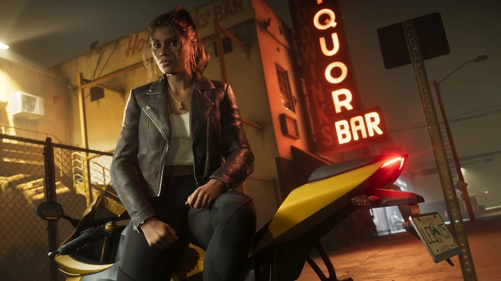 Lucia Caminos on a yellow sportbike outside a liquor bar