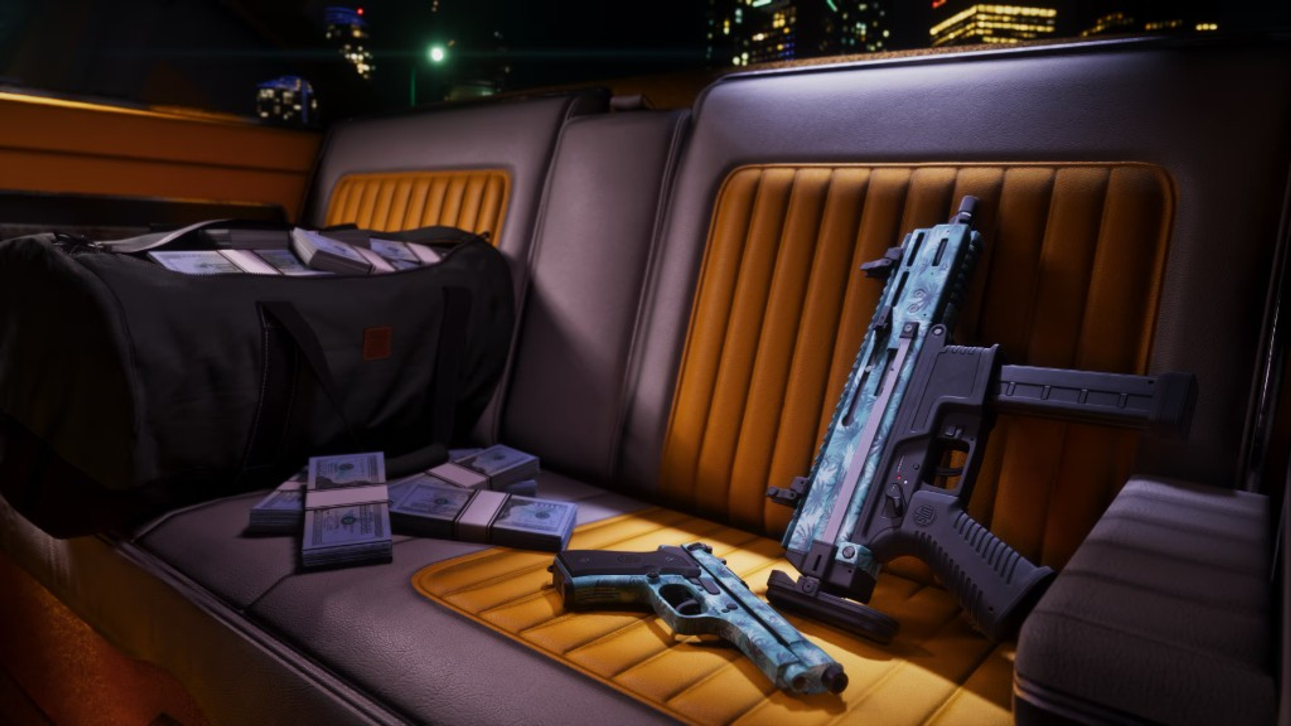 Palm-pattern sidearms and cash on leather